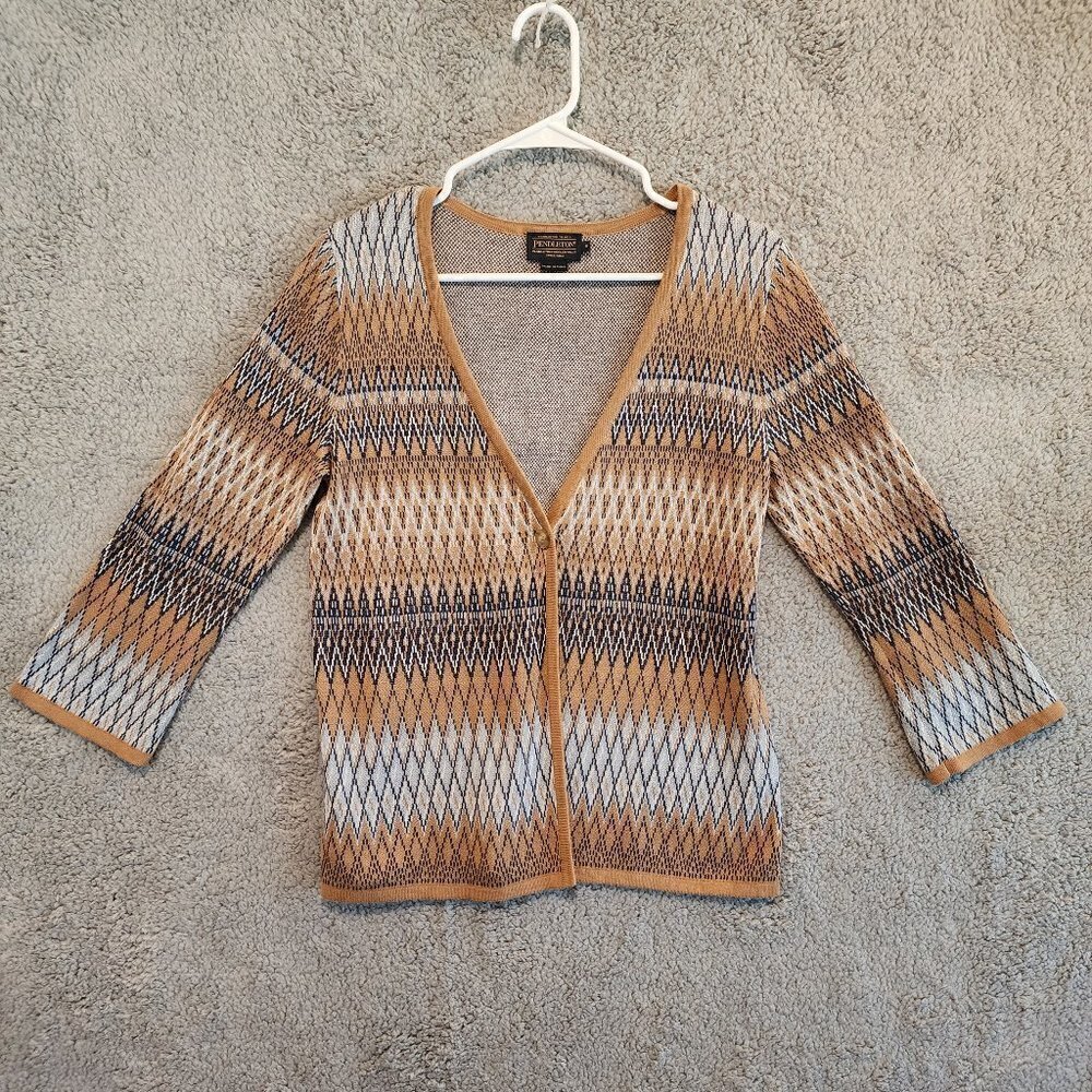 Pendleton Cardigan Linen Cotton Button Up Western Aztec 3/4 sleeve Sz S tan blue